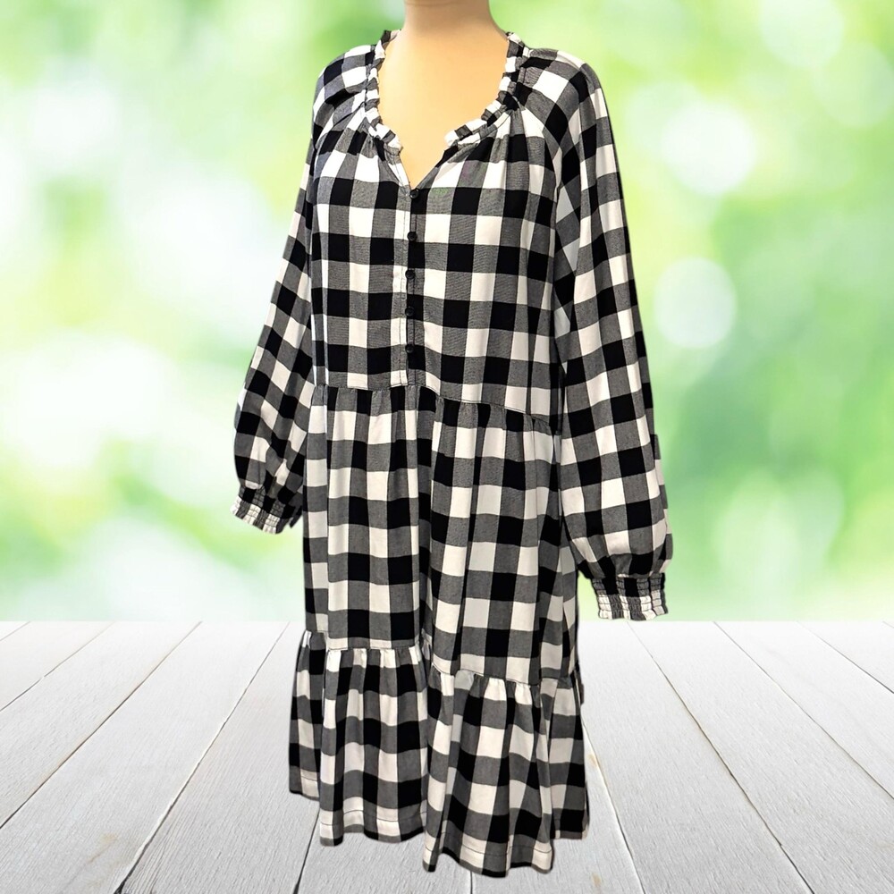Buffalo Plaid Babydoll Dress Tiered Cottagecore Midi Ruffle Black White Size XL